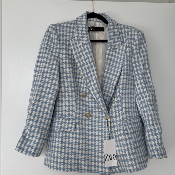 BNWT Zara blue houndstooth double breasted blazer XL - Picture 3 of 9